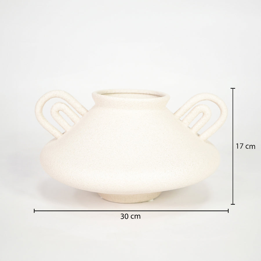 White ceramic decorative vase dimension image with 17 cm height and 30 cm width for modern shelf decor.