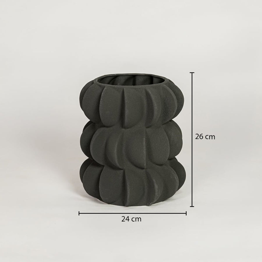 Black ceramic decorative flower vase showing 24 cm width and 26 cm height ideal for console table decor display.