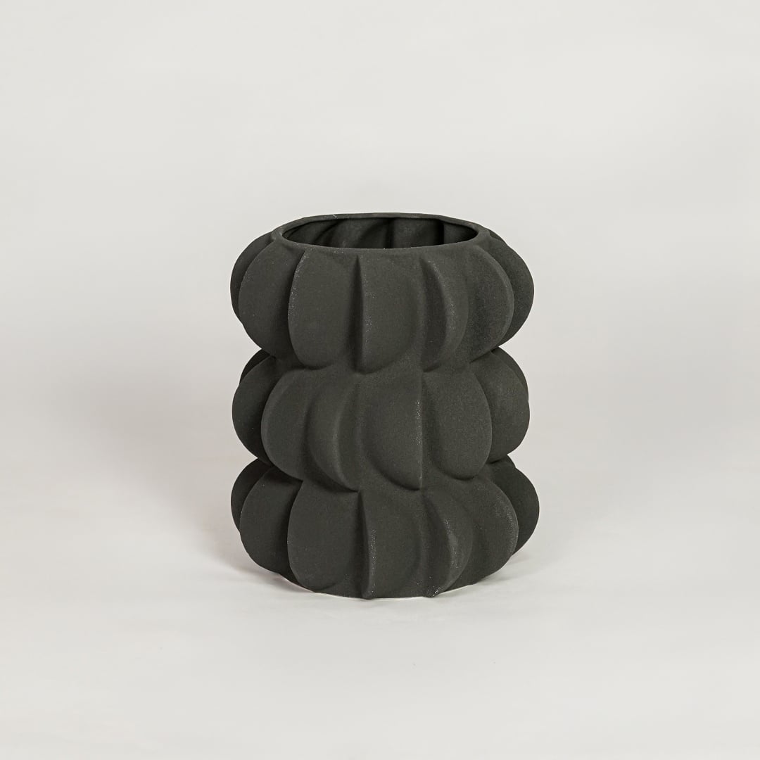 Modern black ceramic decorative flower vase with sculpted bubble design ideal for console table shelf and stylish home decor.