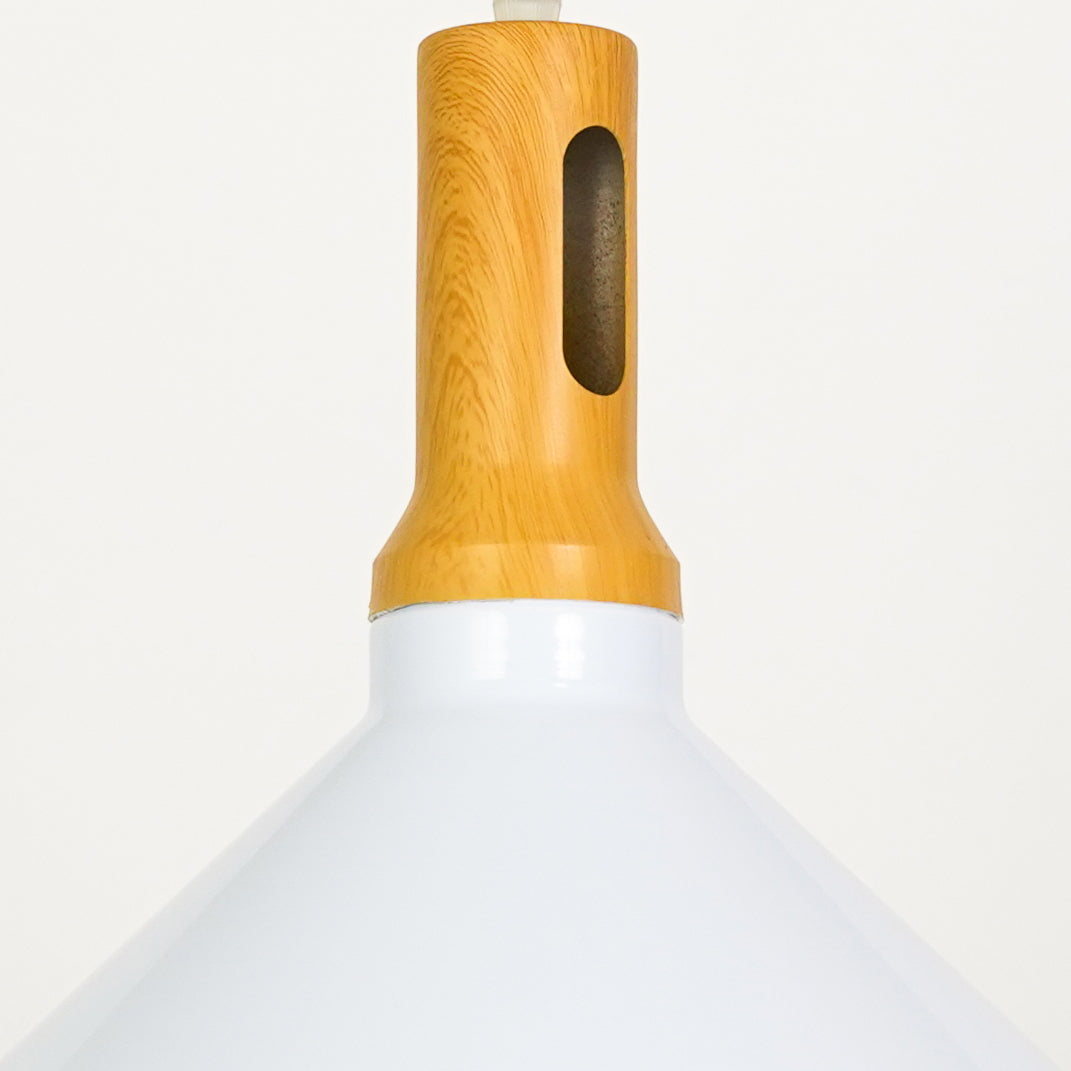 Closeup image of arden modern wooden pendant light in white for elegant dining room decor styling and modern home lighting.