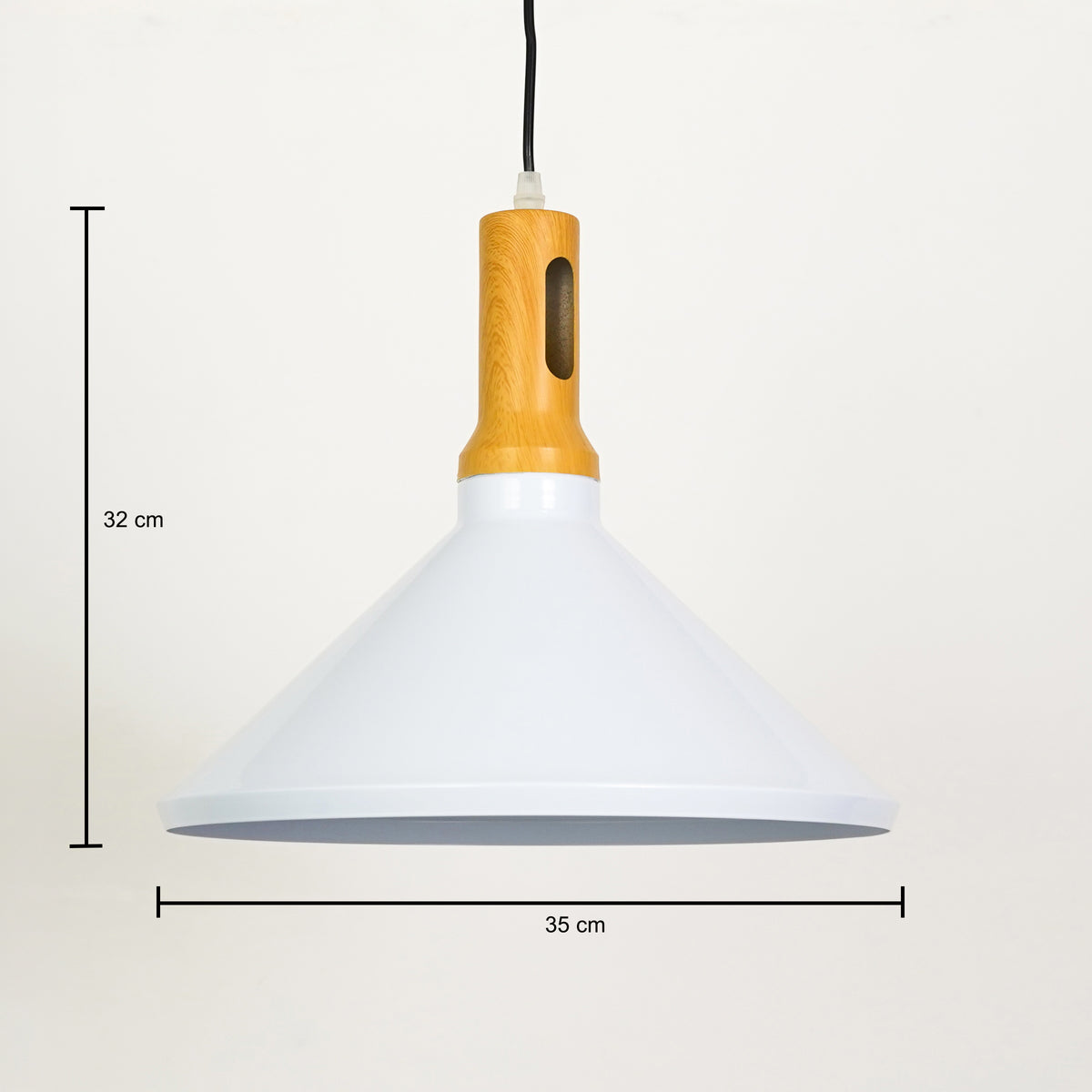 White metal pendant ceiling light with gold accent for kitchen island dining room or café showing product dimensions.
