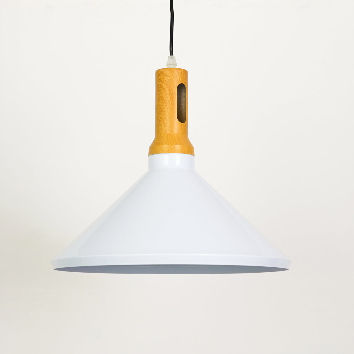 White background image of arden modern wooden pendant light in white for elegant dining room decor styling and lighting.
