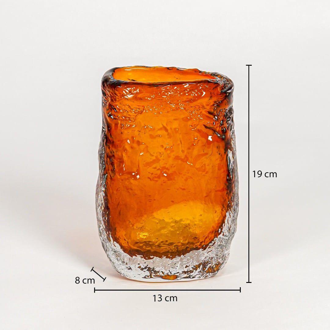 Amber textured glass vase dimension image showing 19 cm height 13 cm width and 8 cm depth decorative glass accent for table styling.