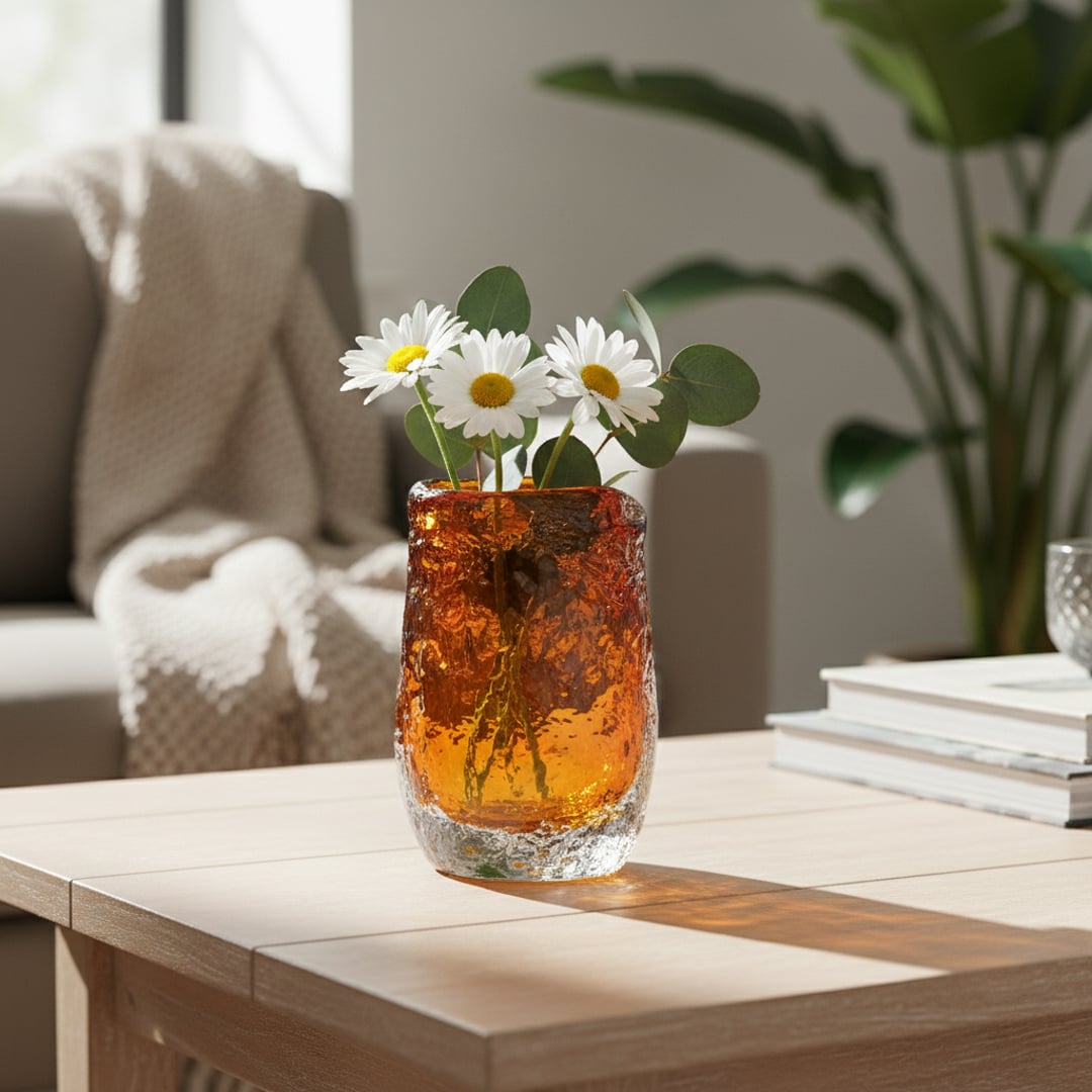 Amber textured glass vase styled on living room table modern decorative glass accent for console shelf or center table styling.