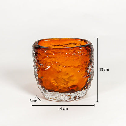 Amber textured glass vase dimension image showing 13 cm height 14 cm width and 8 cm depth decorative glass accent for table styling.