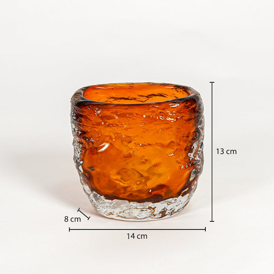 Amber textured glass vase dimension image showing 13 cm height 14 cm width and 8 cm depth decorative glass accent for table styling.