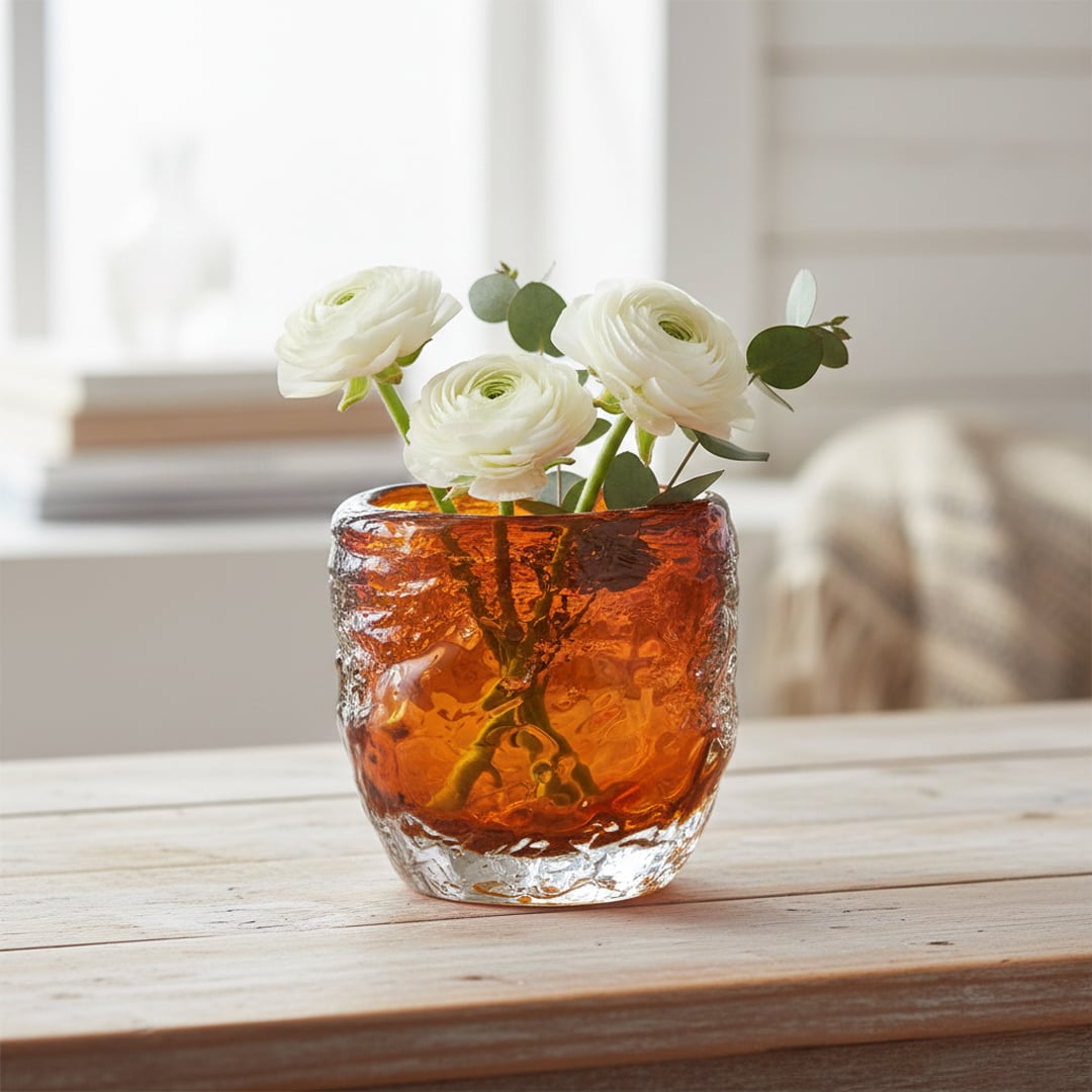 Amber textured glass vase styled on living room table modern decorative glass accent for console shelf or center table styling.