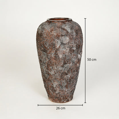 Dimension image of black ceramic decorative vase for elegant interior floor placement with textured finish.
