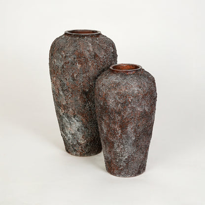 White background image of black ceramic vase set for modern floor decor styling with rustic textured finish.