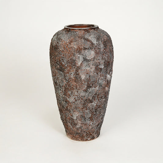 White background image of black ceramic decorative vase for elegant floor placement with textured matte finish.