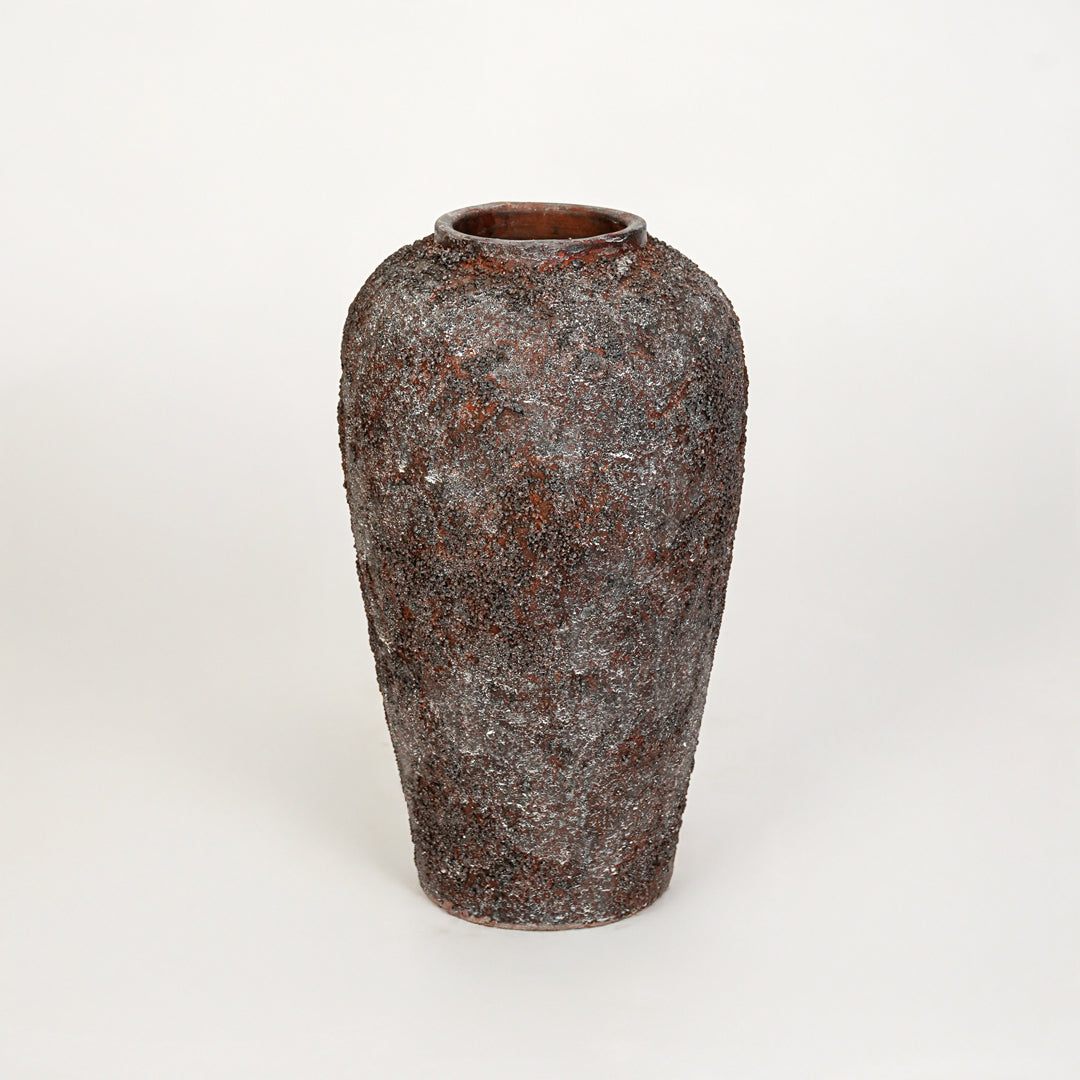 White background image of black ceramic decorative vase for elegant floor placement with textured finish.