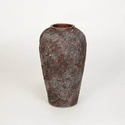 White background image of black ceramic decorative vase for elegant floor placement with textured finish.