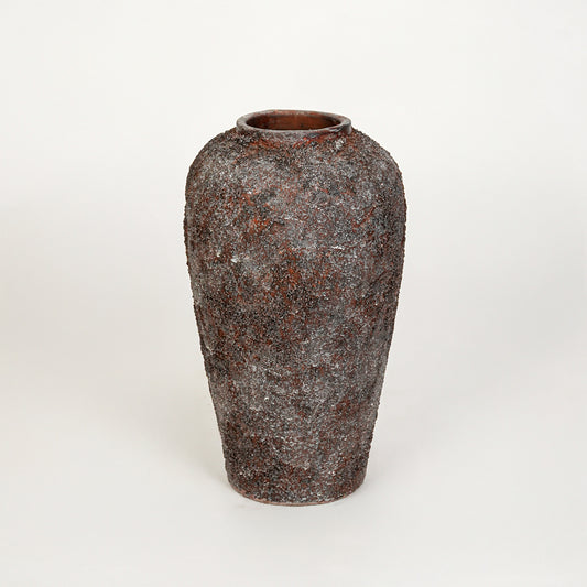 White background image of black ceramic decorative vase for elegant floor placement with textured finish.