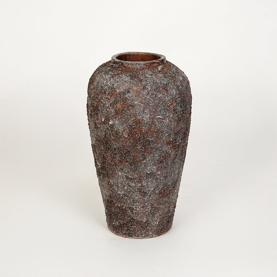 White background image of black ceramic decorative vase for elegant floor placement with textured finish.