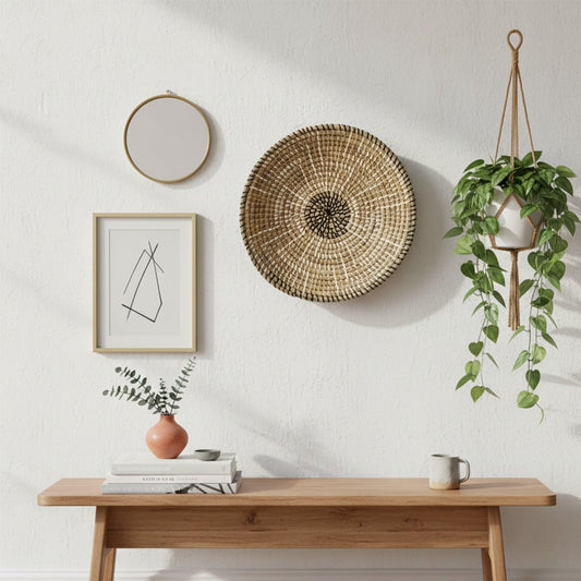 Natural woven wall basket displayed above a console table for elegant bohemian wall decor and modern home interiors.