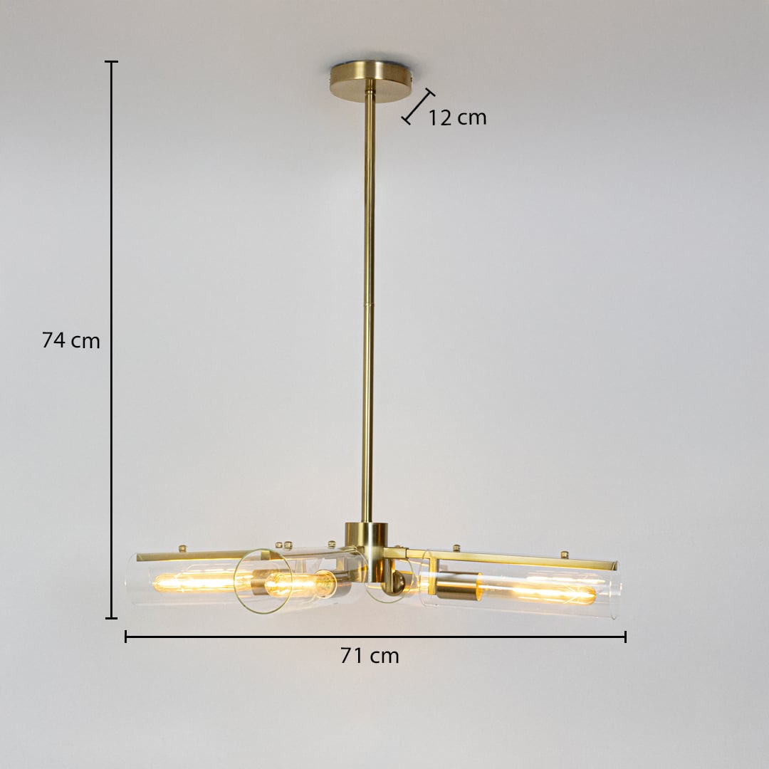 Gold brass chandelier 71cm width 74cm height with tubular bulbs dimension image showing modern industrial style light fixture.