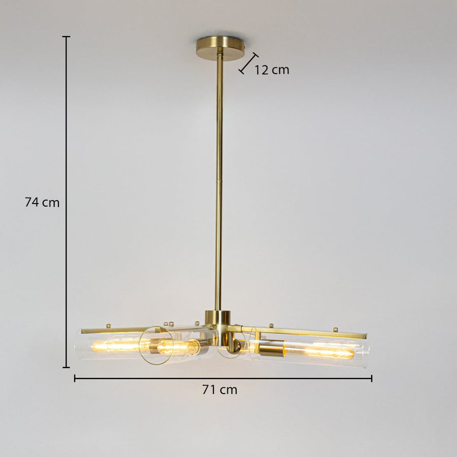 Gold brass chandelier 71cm width 74cm height with tubular bulbs dimension image showing modern industrial style light fixture.