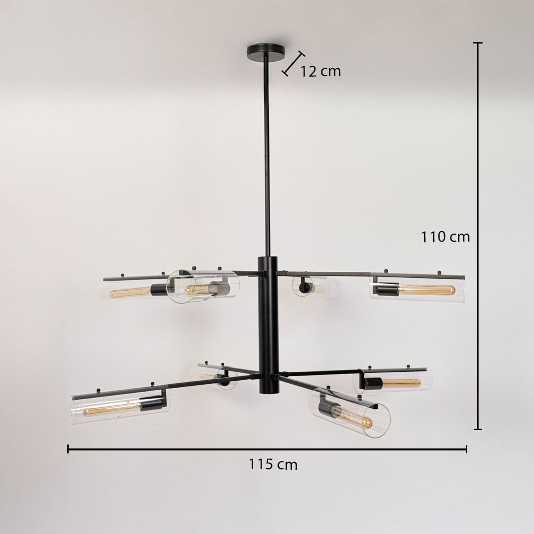 Modern black metal chandelier with glass tube shades showing 110cm height 115cm width 12cm canopy on white background display.
