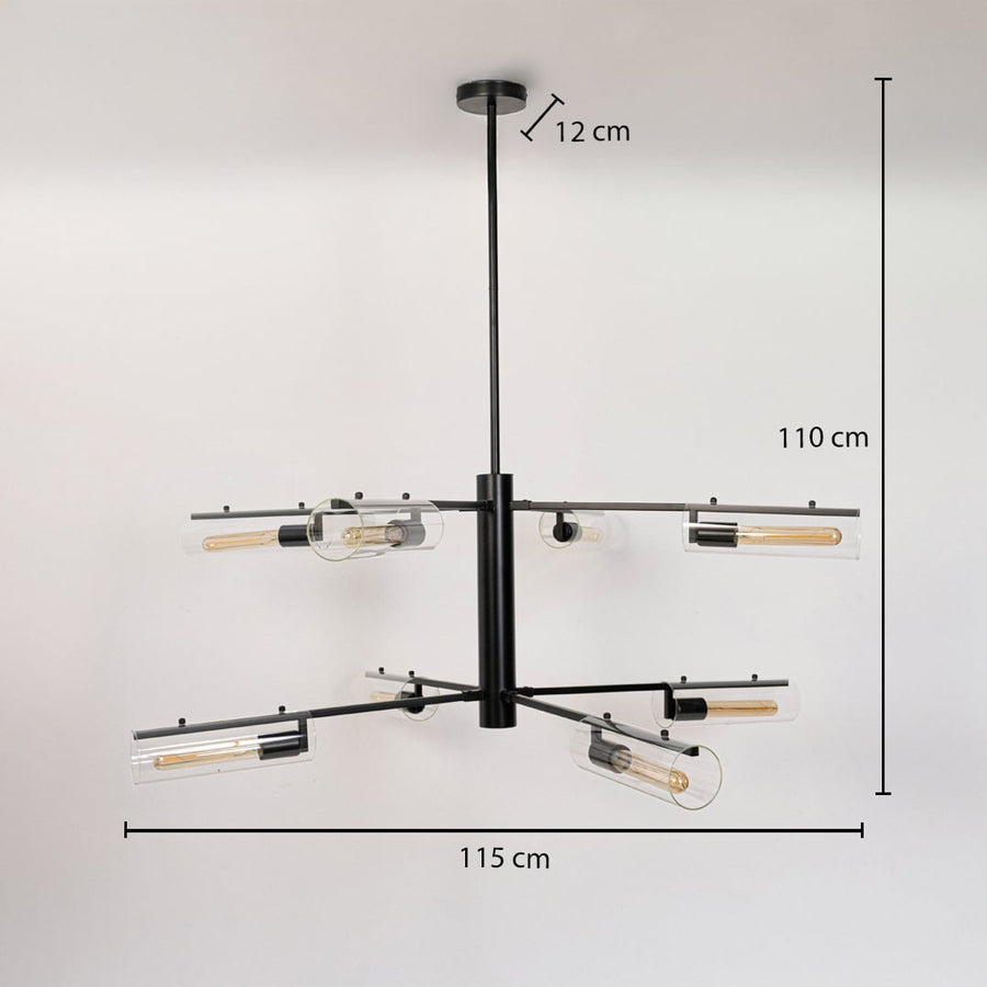 Modern black metal chandelier with glass tube shades showing 110cm height 115cm width 12cm canopy on white background display.