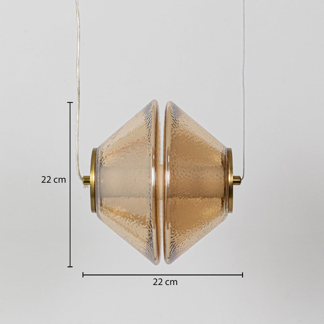 A hammered glass pendant light measuring 22 cm in height and 22 cm in width displayed clearly with dimension markers against a clean white background.