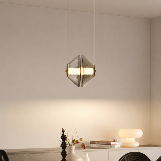 Lifestyle image of smoked led pendant light with chrome finish for elegant dining room decor styling and modern lighting.