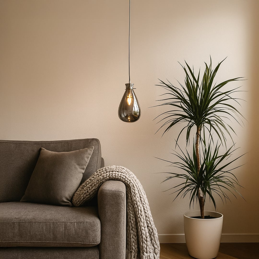 Designer chrome glass pendant light with smooth curved finish perfect for dining rooms bedrooms and modern living room interiors.