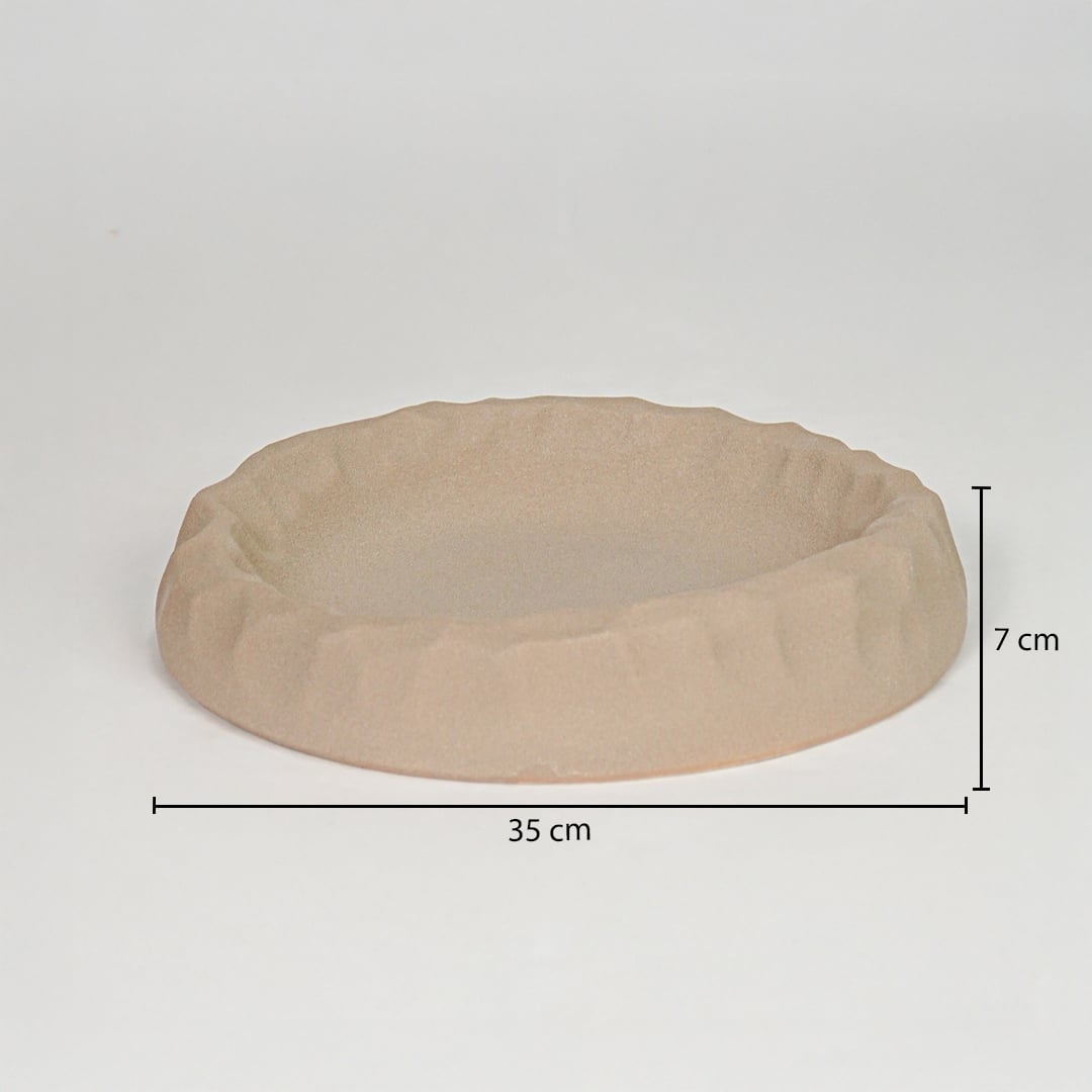 Brown wooden decorative tray size 7 cm height 30 cm length modern round tray dimension reference image.