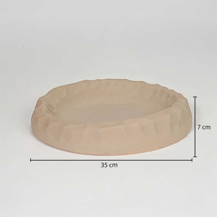 Brown wooden decorative tray size 7 cm height 30 cm length modern round tray dimension reference image.