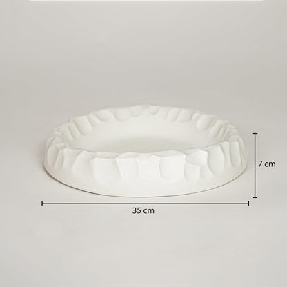 White ceramic decorative serving bowl showing 35 cm width and 7 cm height ideal for dining table centerpiece decor display.