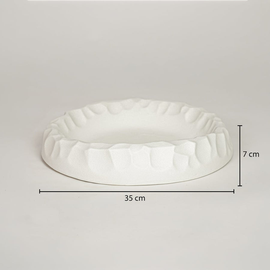 White ceramic decorative serving bowl showing 35 cm width and 7 cm height ideal for dining table centerpiece decor display.