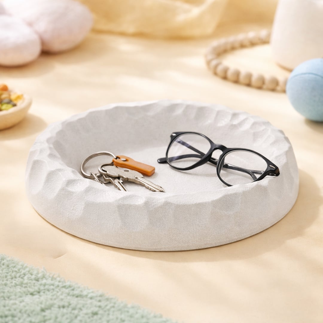 White ceramic decorative serving bowl with textured sculpted rim perfect for dining table centerpiece and modern home decor styling.