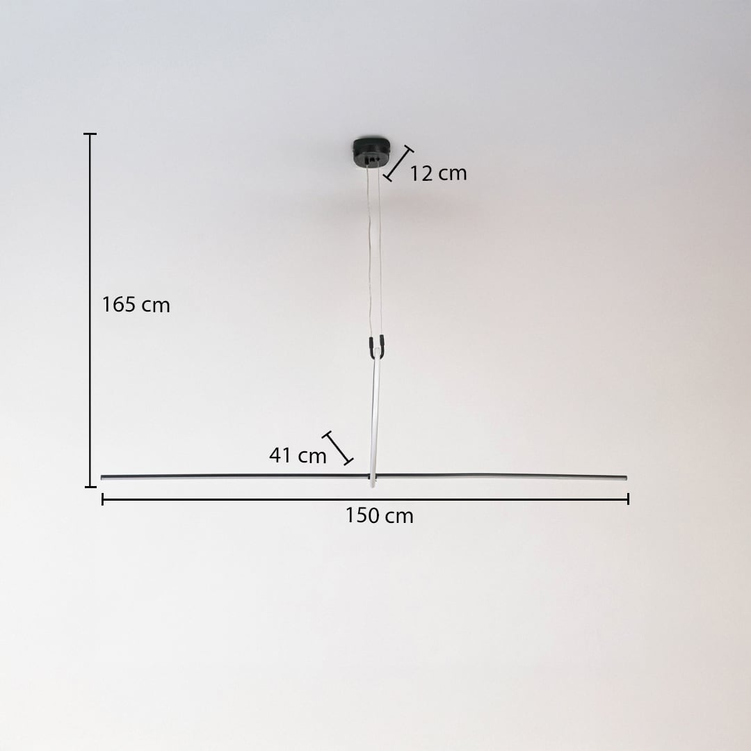 Slim black linear pendant light shown with 150 cm length and 165 cm height for accurate size reference.