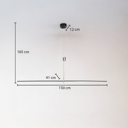 Slim black linear pendant light shown with 150 cm length and 165 cm height for accurate size reference.