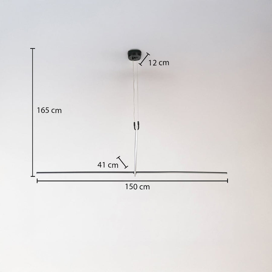 Slim black linear pendant light shown with 150 cm length and 165 cm height for accurate size reference.