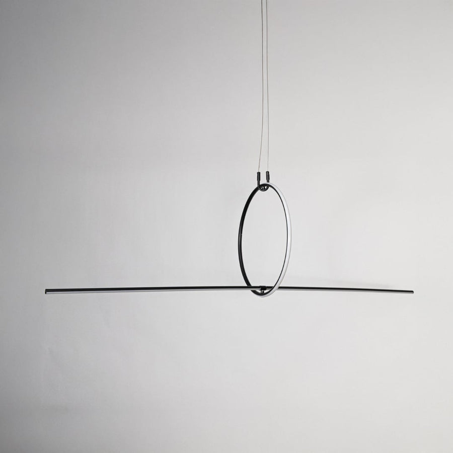 Black linear pendant light displayed on a white background with lights off showing clear minimalist profile.