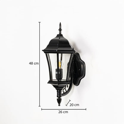 Dimensions of outdoor wall light shown 26 cm width 20 cm depth and 48 cm height.