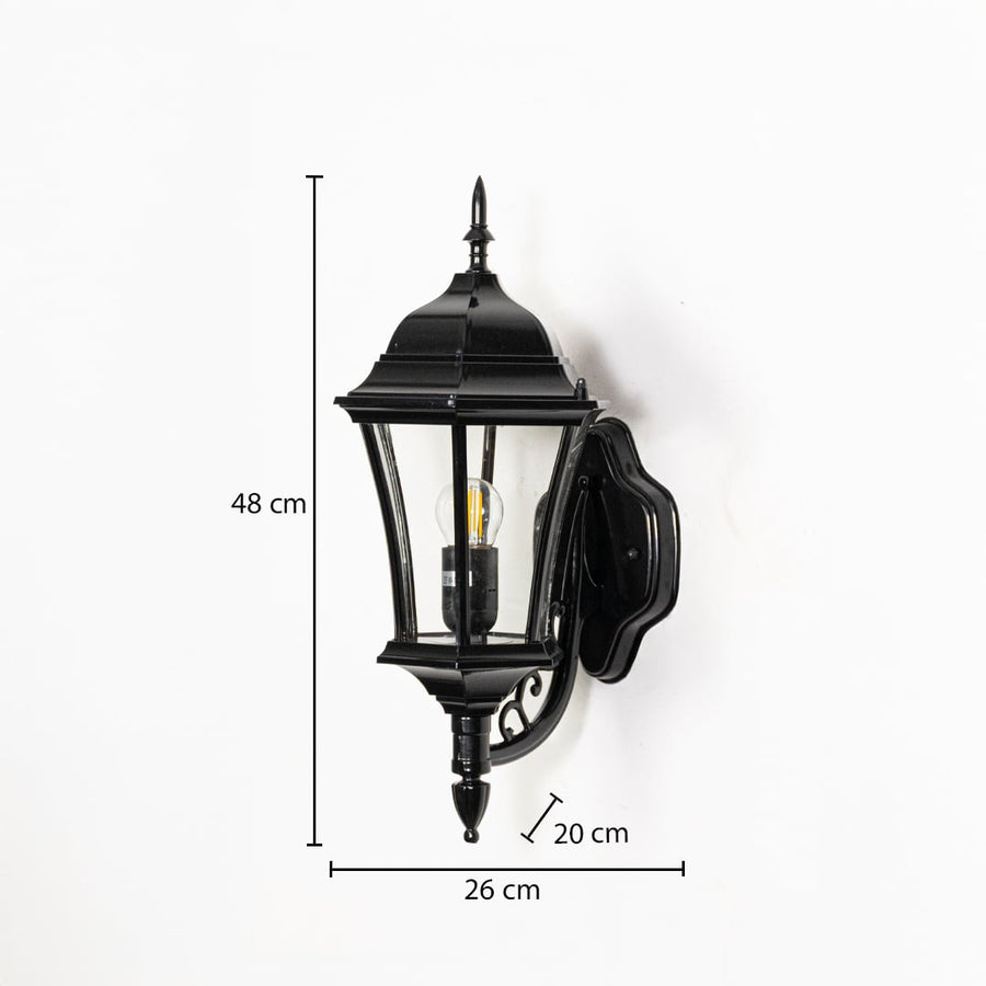 Dimensions of outdoor wall light shown 26 cm width 20 cm depth and 48 cm height.