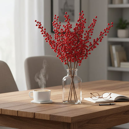 Vibrant red artificial berry branches in a clear glass vase on a wooden dining table next to a steaming coffee cup.