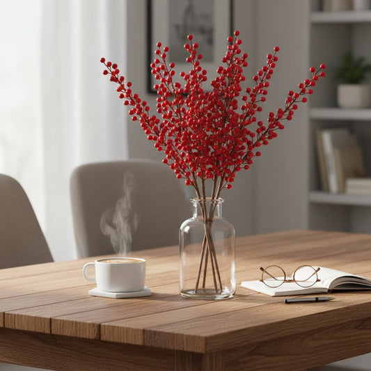 Vibrant red artificial berry branches in a clear glass vase on a wooden dining table next to a steaming coffee cup.