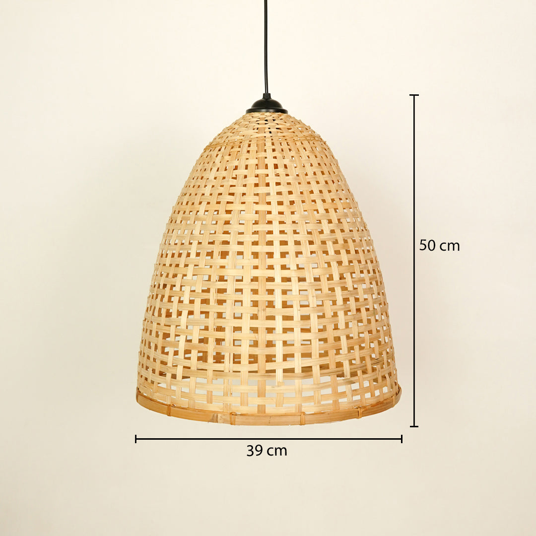 Handwoven bamboo pendant light with natural finish displaying size details elegantly.