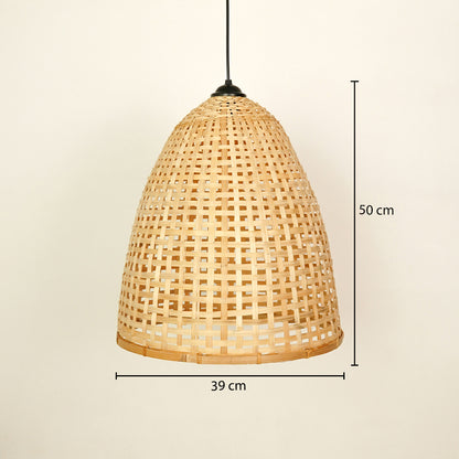 Handwoven bamboo pendant light with natural finish displaying size details elegantly.