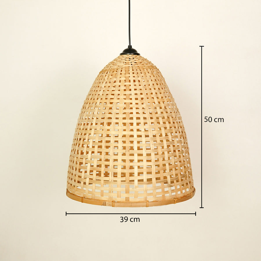 Handwoven bamboo pendant light with natural finish displaying size details elegantly.
