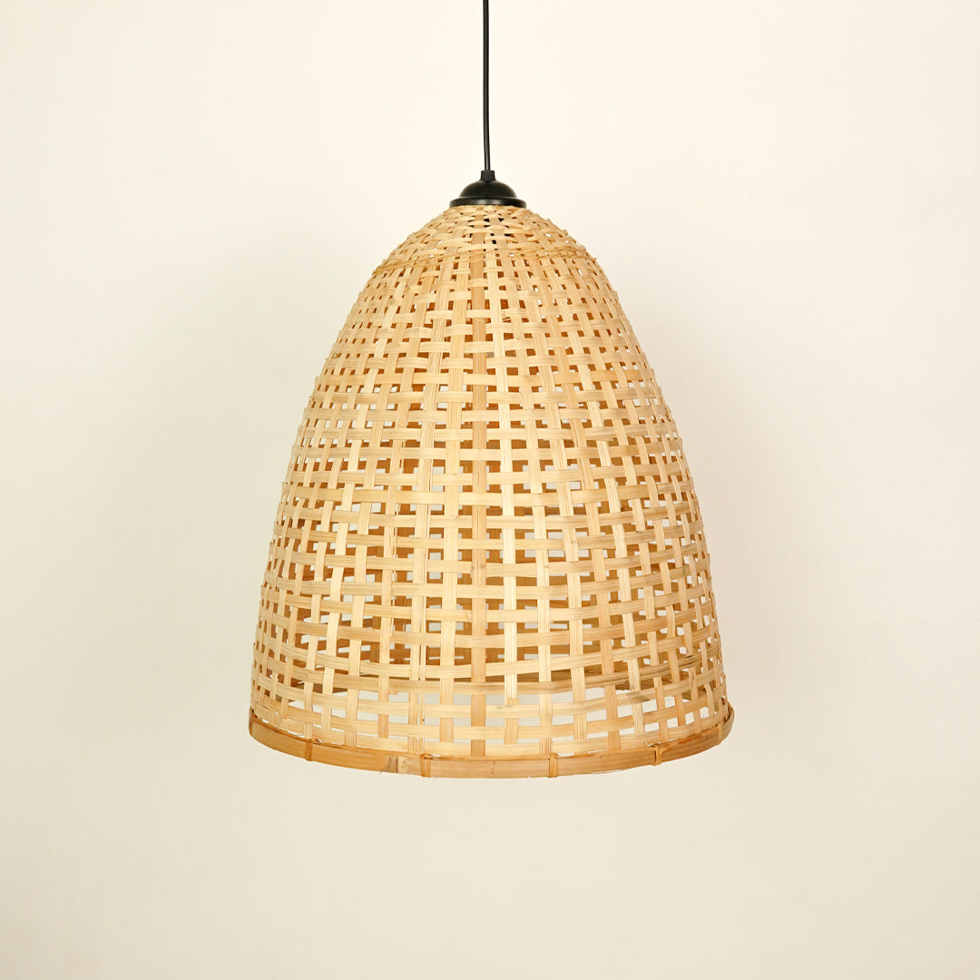 Handwoven bamboo pendant light with intricate weave designed for organic living spaces.