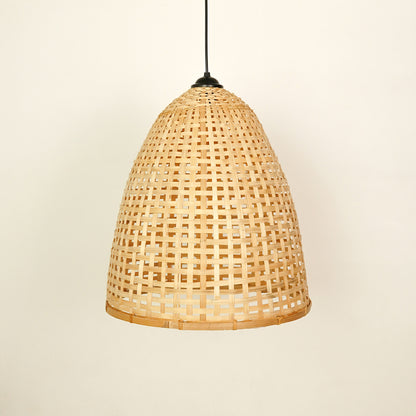 Handwoven bamboo pendant light with intricate weave designed for organic living spaces.
