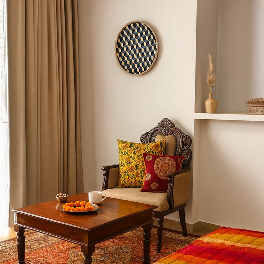 Black and natural bamboo woven basket tray displayed on wall creating bohemian handcrafted home decor styling accent.