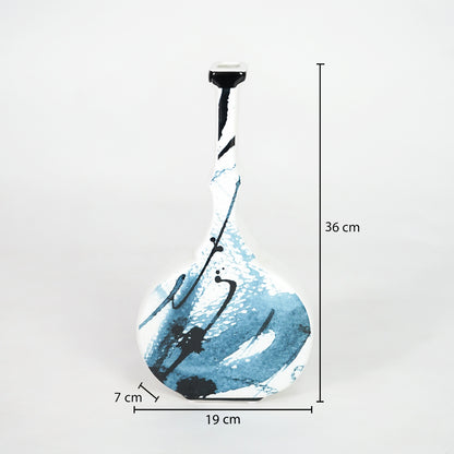 White and blue ceramic bottle vase dimension image with 36 cm height and 19 cm width for modern decor.