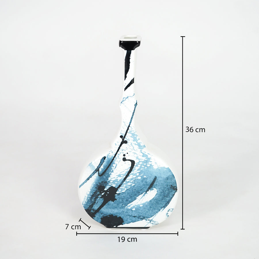White and blue ceramic bottle vase dimension image with 36 cm height and 19 cm width for modern decor.