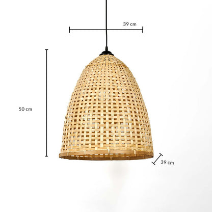 Woven bamboo pendant light with tall dome shade shown with 50cm height and 39cm width for rustic home interiors.