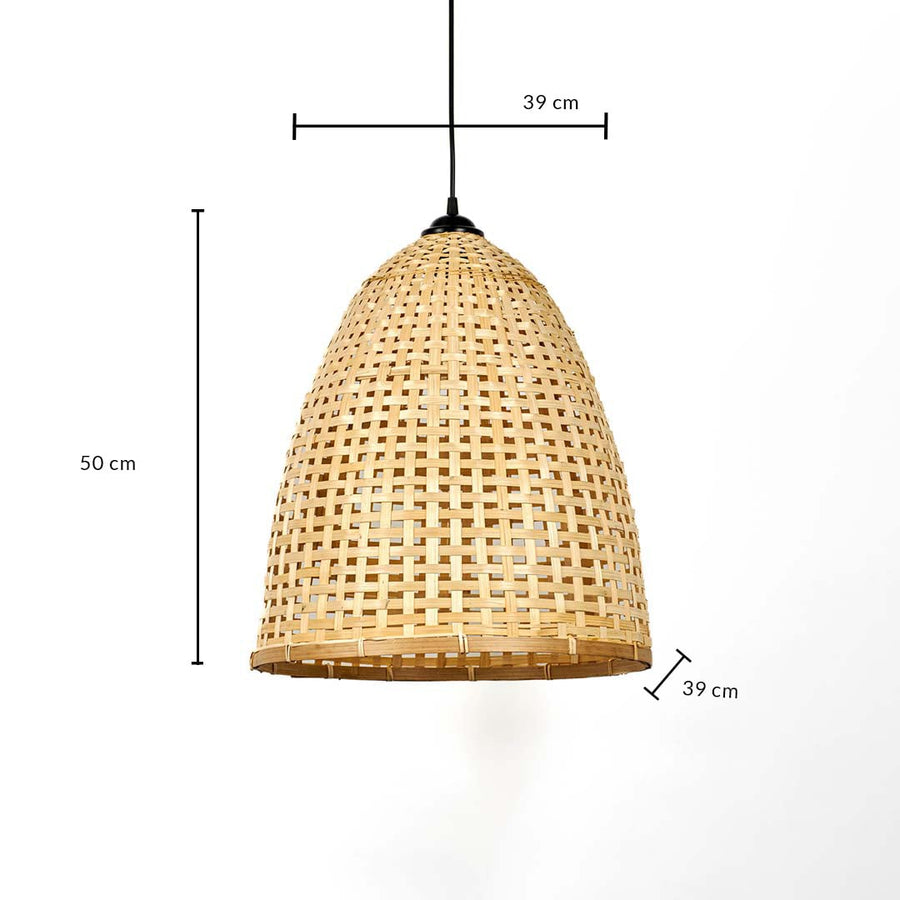 Woven bamboo pendant light with tall dome shade shown with 50cm height and 39cm width for rustic home interiors.