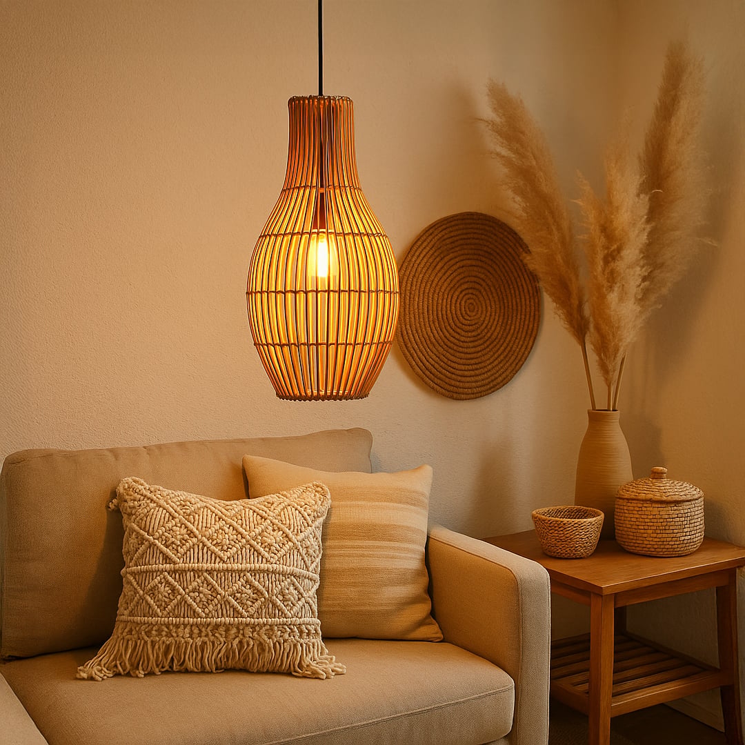 Elegant rattan pendant light creating a warm earthy vibe perfect for dining or living spaces.